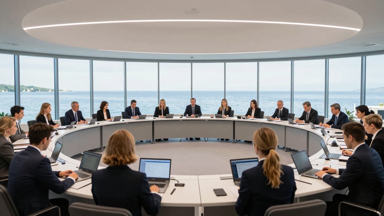 Business event in a seaside conference hall