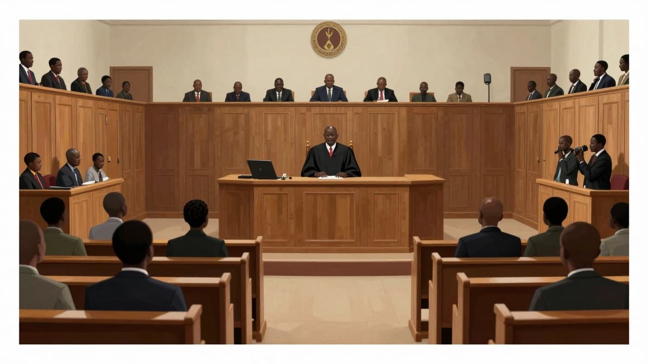 Interior of the courtroom with the judge and spectators