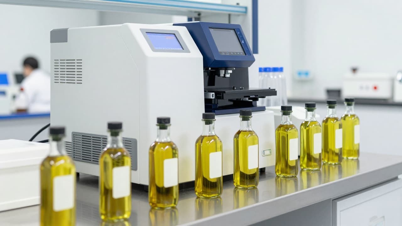 Olive oil samples undergoing analysis in the laboratory