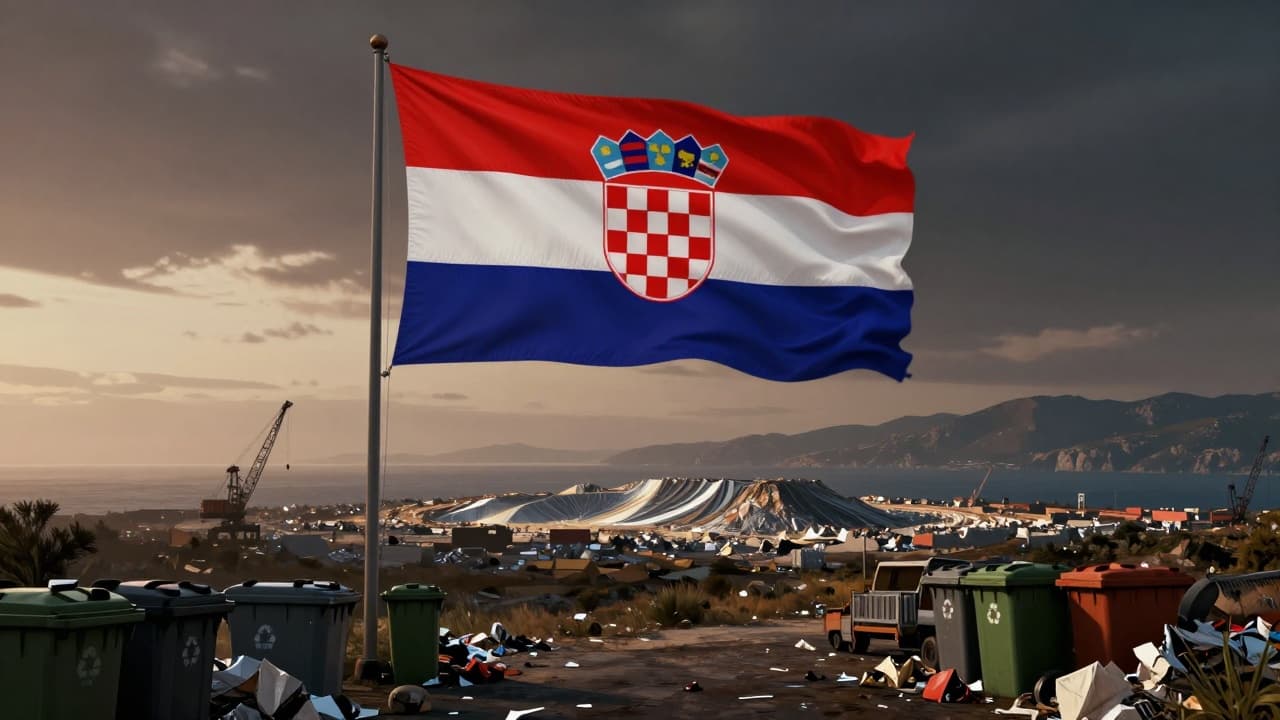 Containers and the Croatian flag in a coastal landscape
