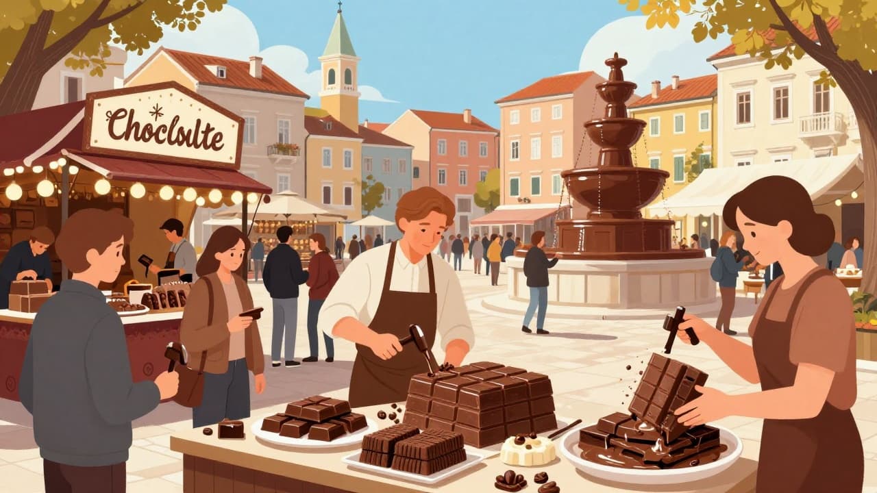 Visitors break chocolate at the festival