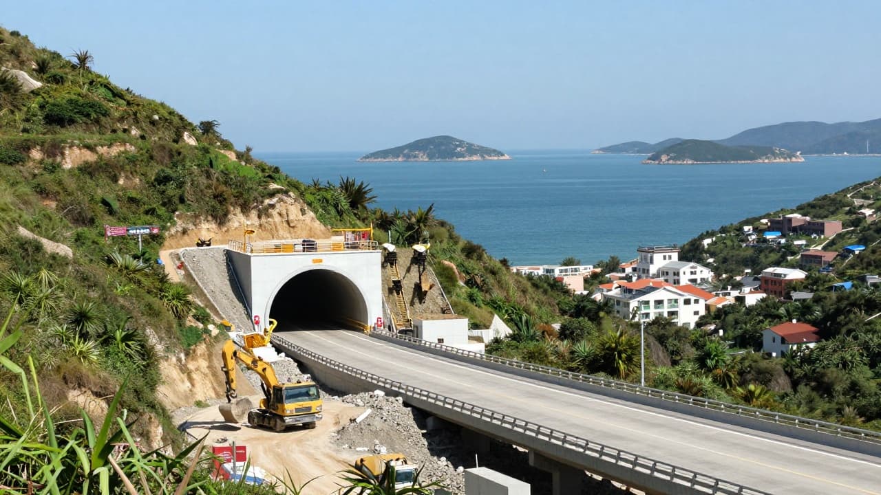 Prikaz gradilišta autoceste s tunelom i morem