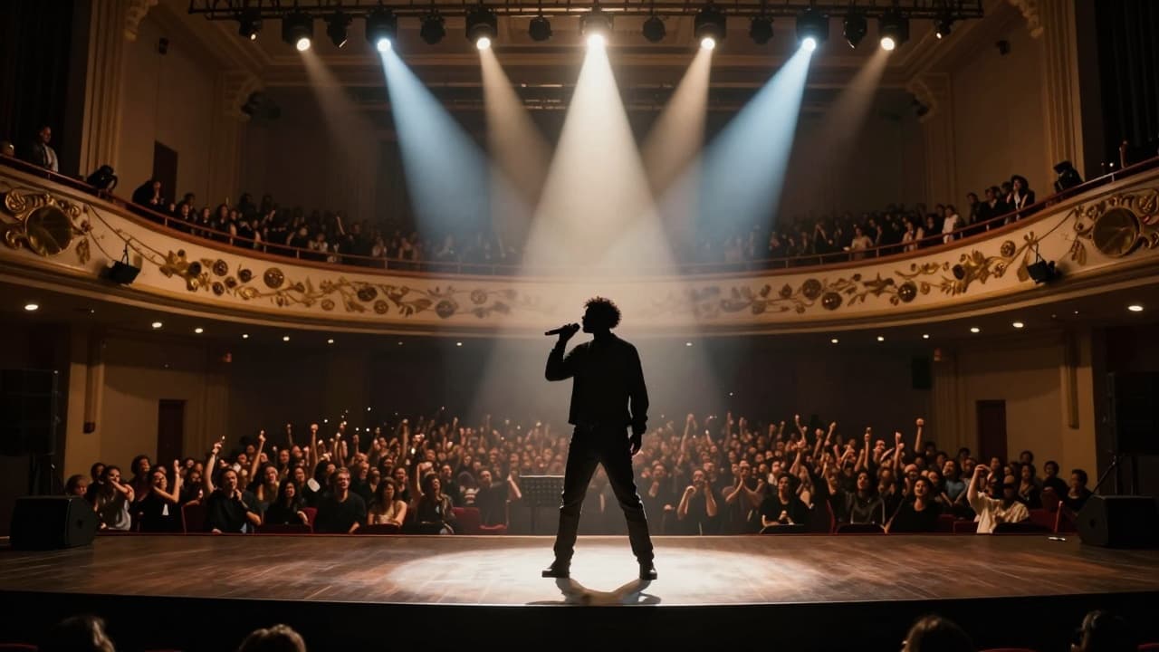 Silhouette of a singer on a full stage