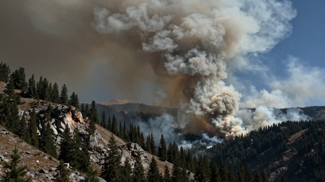Smoke rises above the mountain