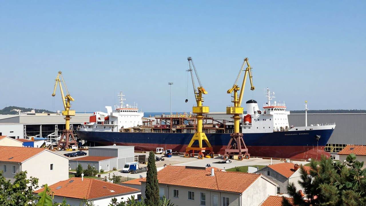 View of the shipyard with ships under construction
