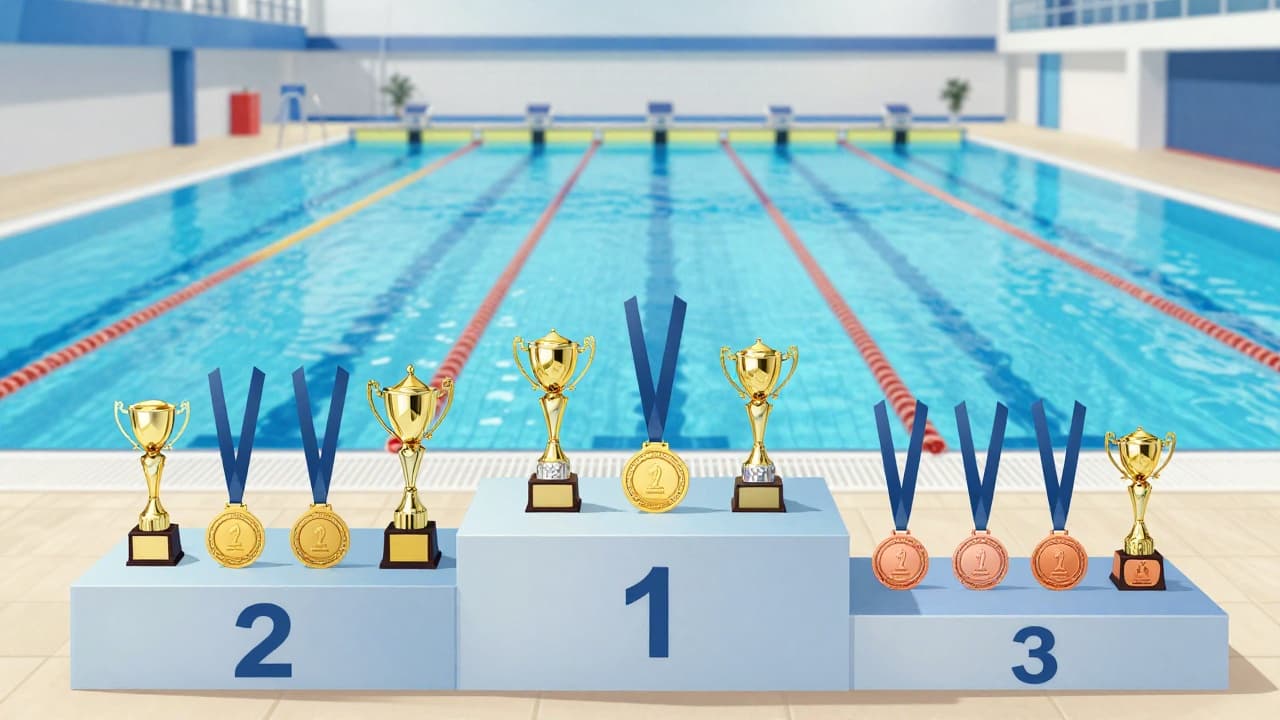 Pobjednički postolje s medaljama u bazenu