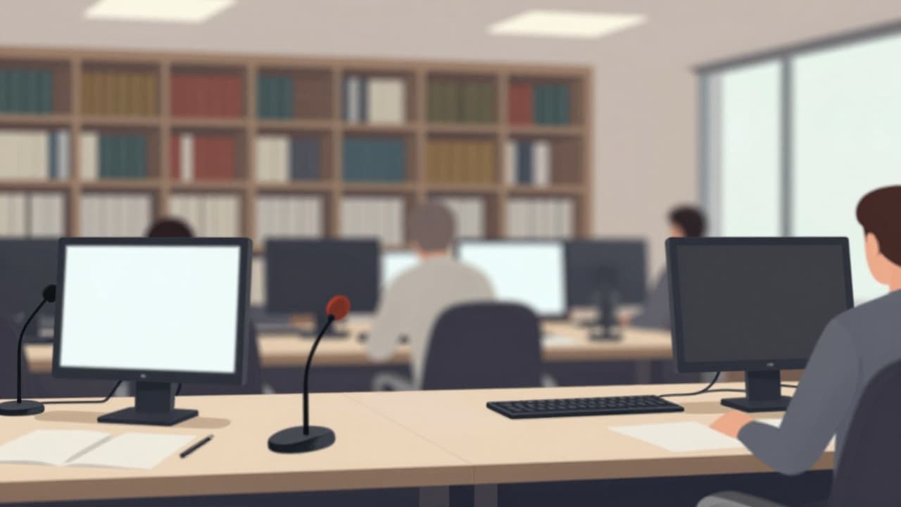 A newsroom workspace with microphones