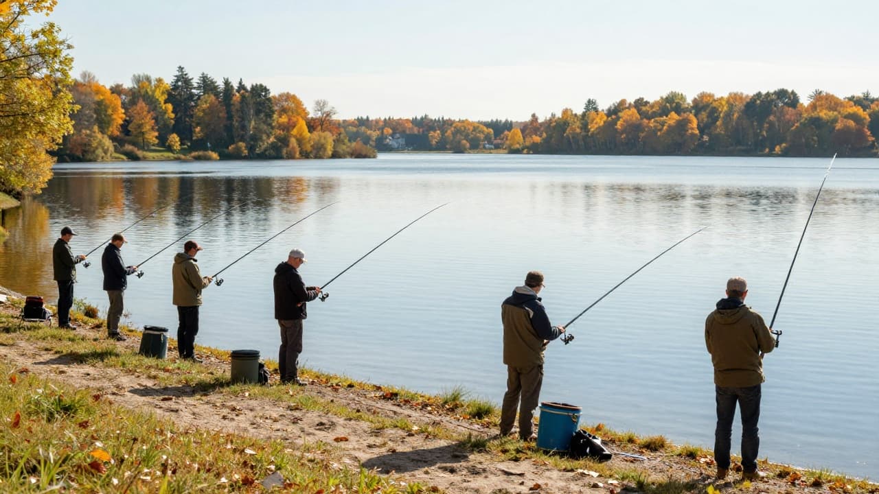 Feeder anglers on the bank of the water