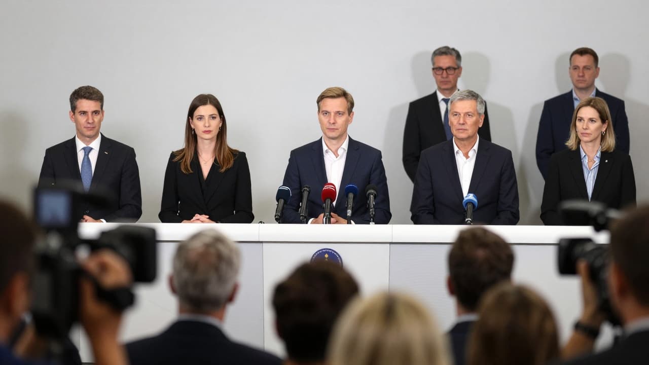 Prikaz tiskovne konferencije s mikrofonima i novinarima