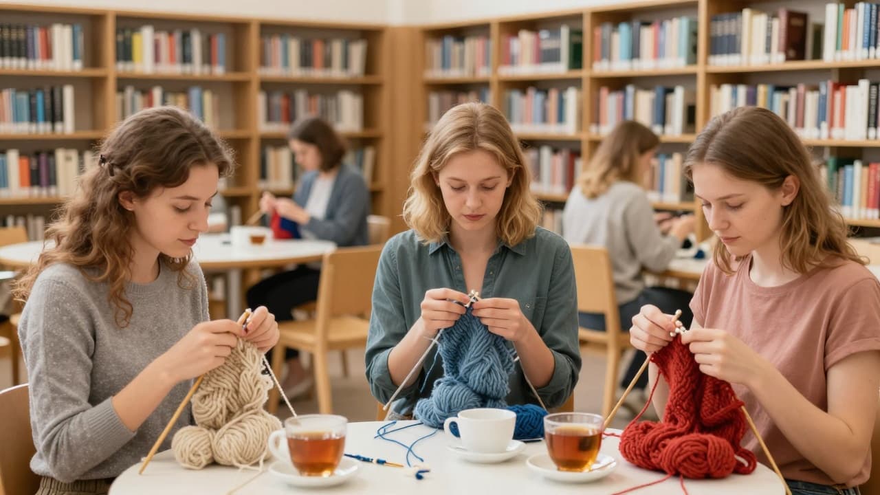 Women crochet over tea at the library