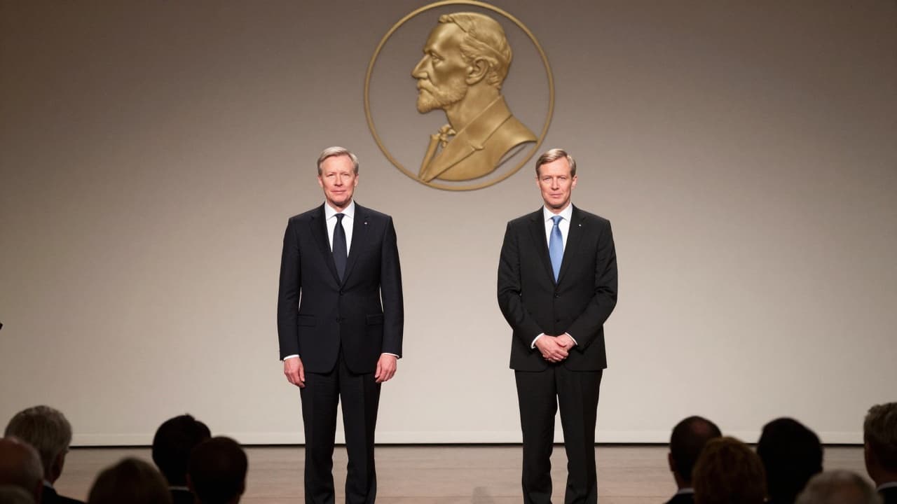 Two male figures on stage
