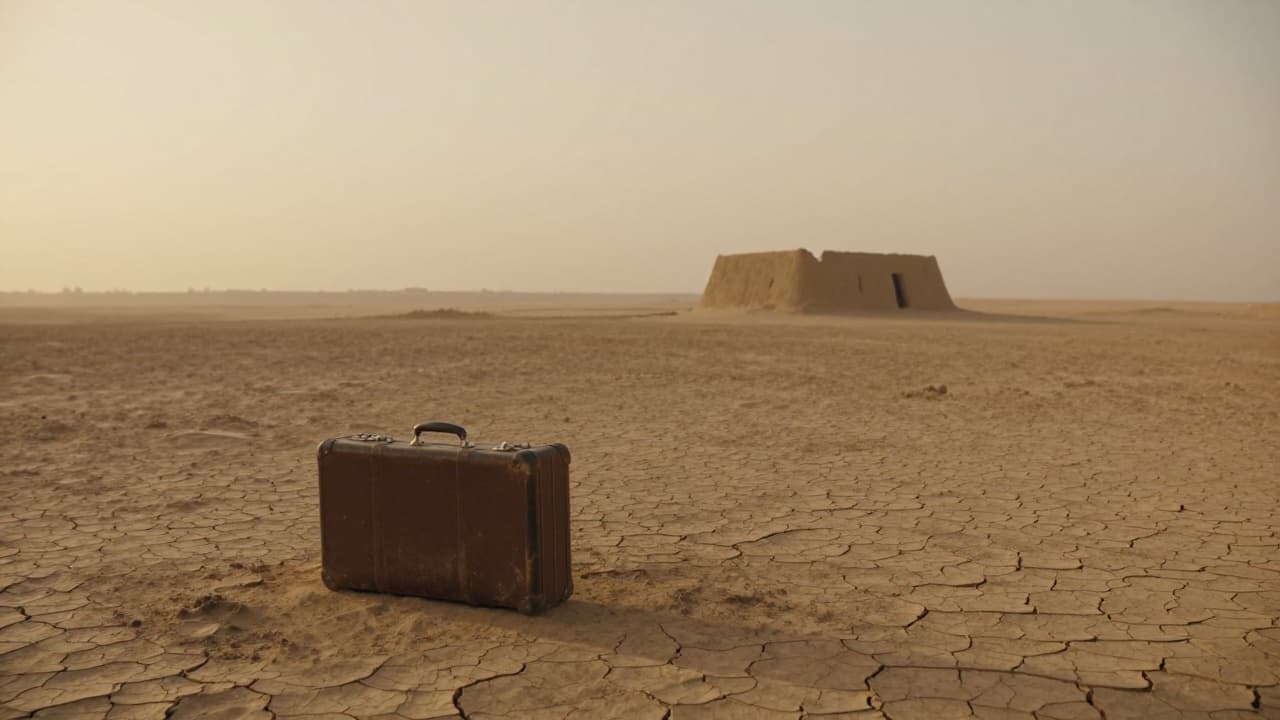 Empty suitcase on dry ground