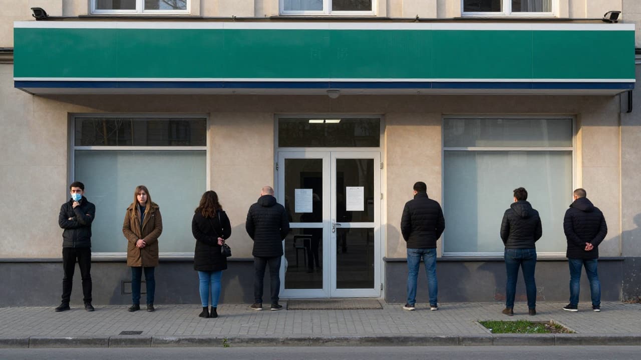 Queues outside the closed doors of a bank