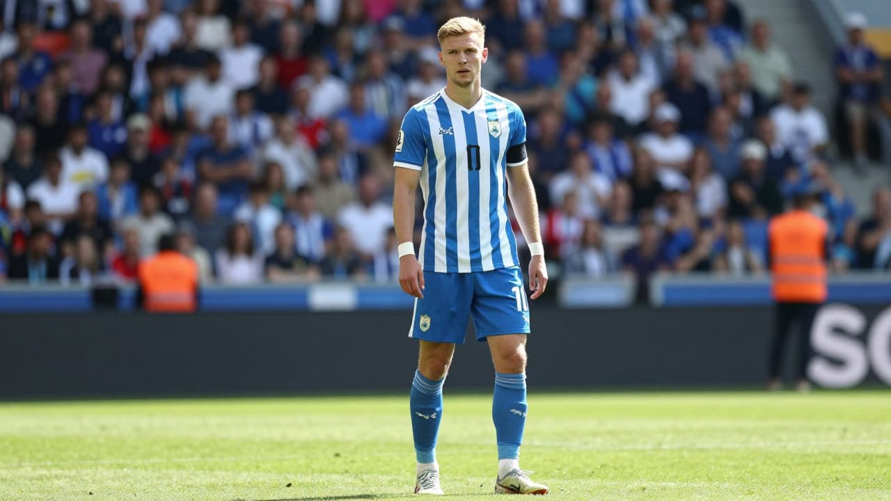 Footballer in a blue and white kit on the stadium