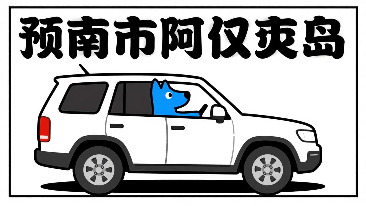 A blue dog drives an SUV through a political context