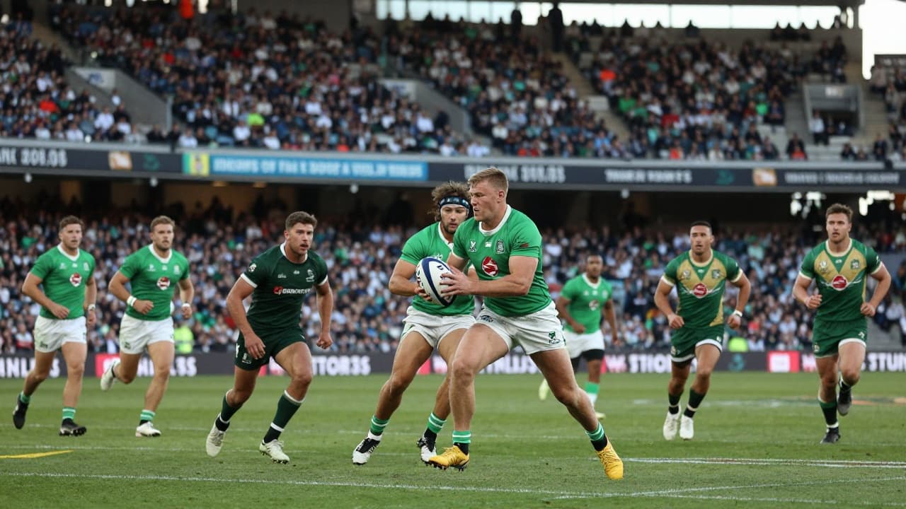 Rugby players contesting for the ball