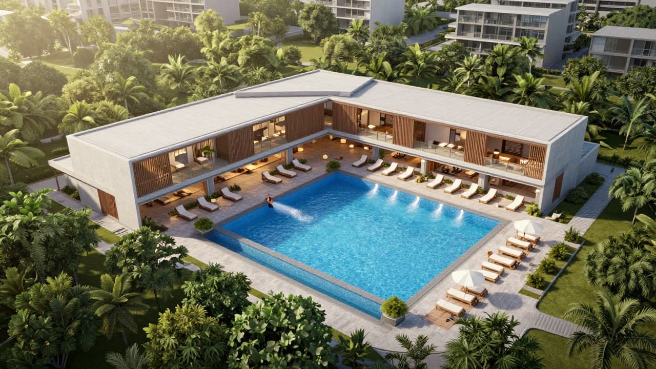 Aerial view of the renovated pools and green areas