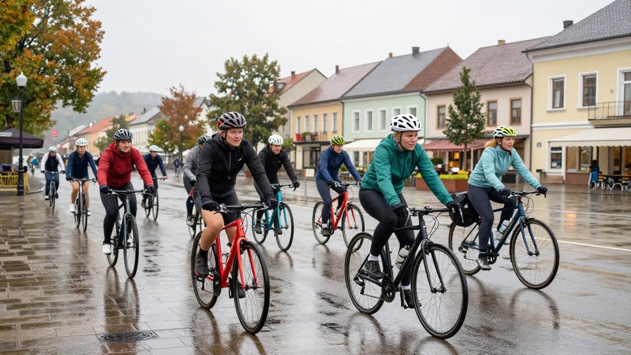 Cyclists in the rain in the square