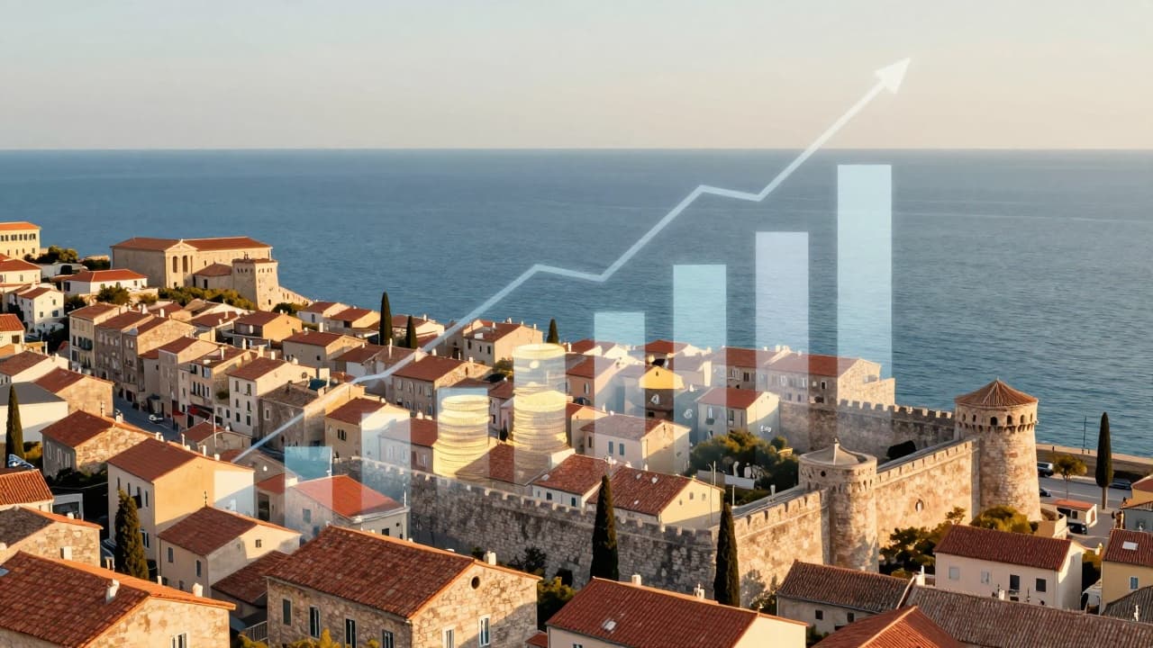 Mediterranean city with financial charts