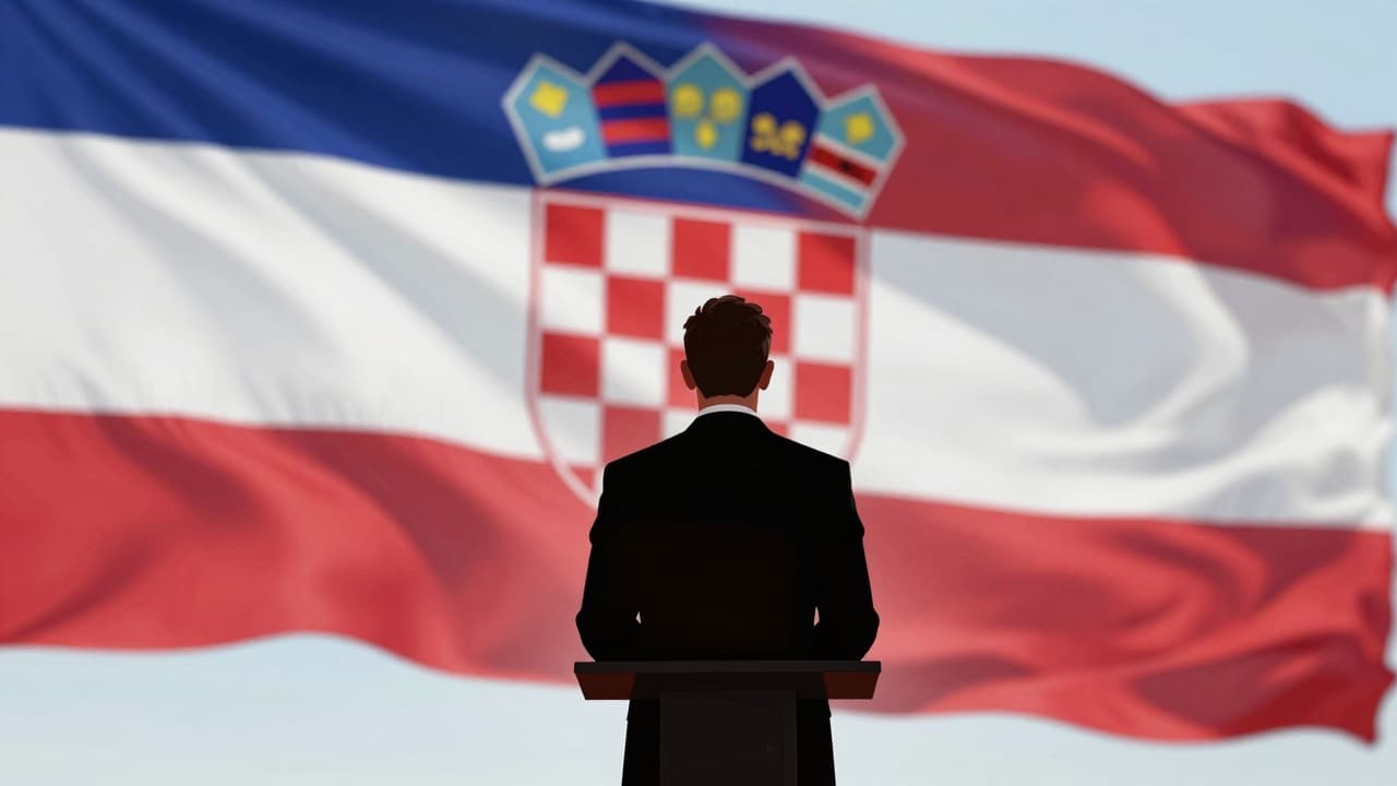 Nikola Grmoja s hrvatskom zastavom u pozadini