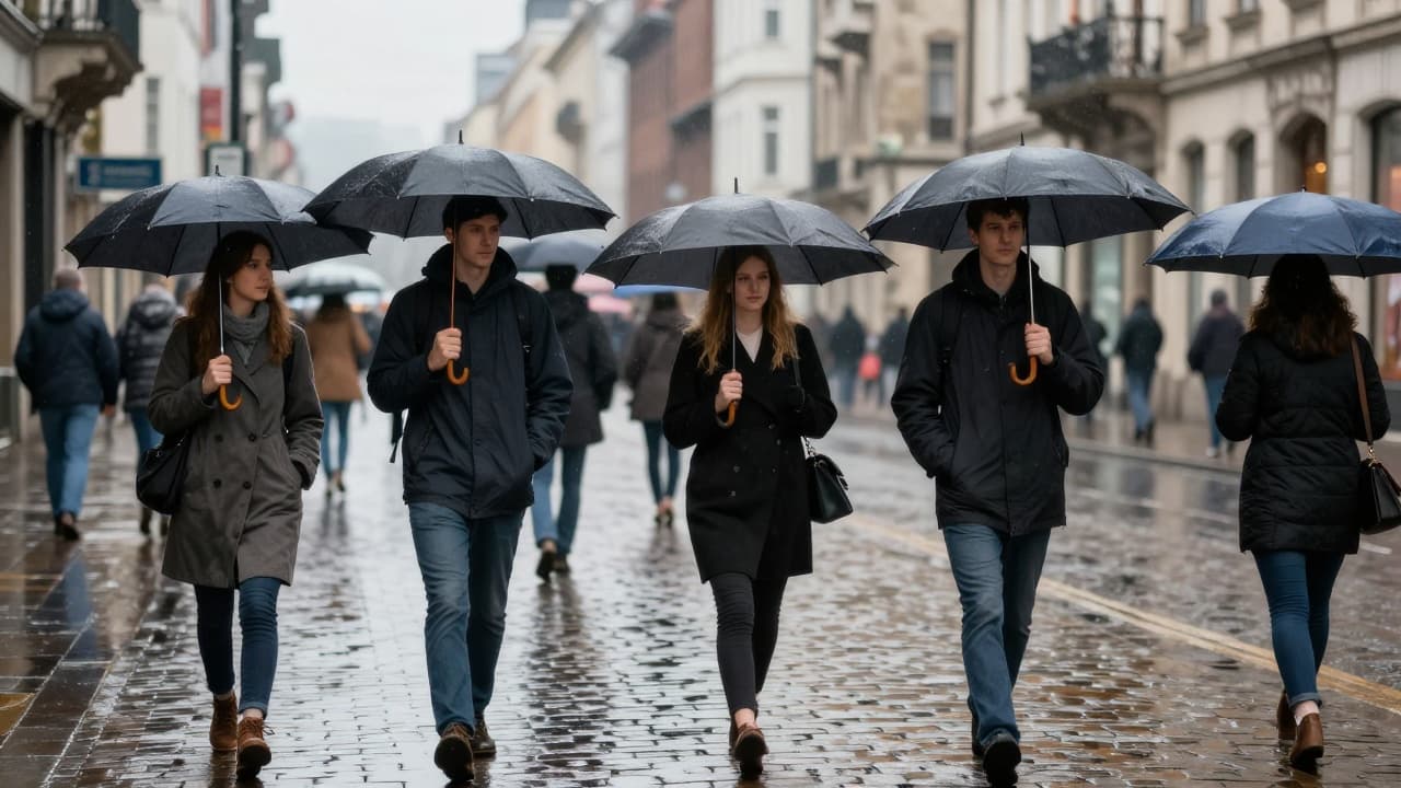 Ljudi s kišobranima na mokrom asfaltu
