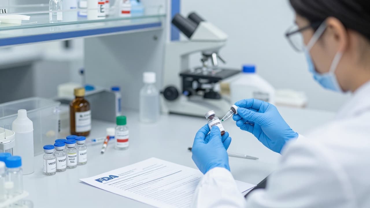 Medical staff with vaccine vials in a laboratory