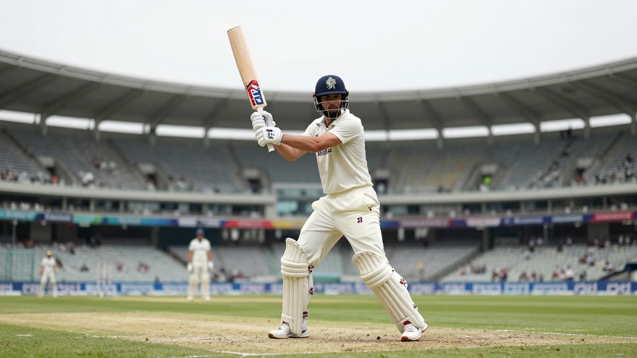 Cricket player in white gear prepares to hit the ball