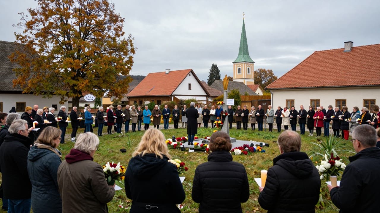 People carry flowers and candles near a monument