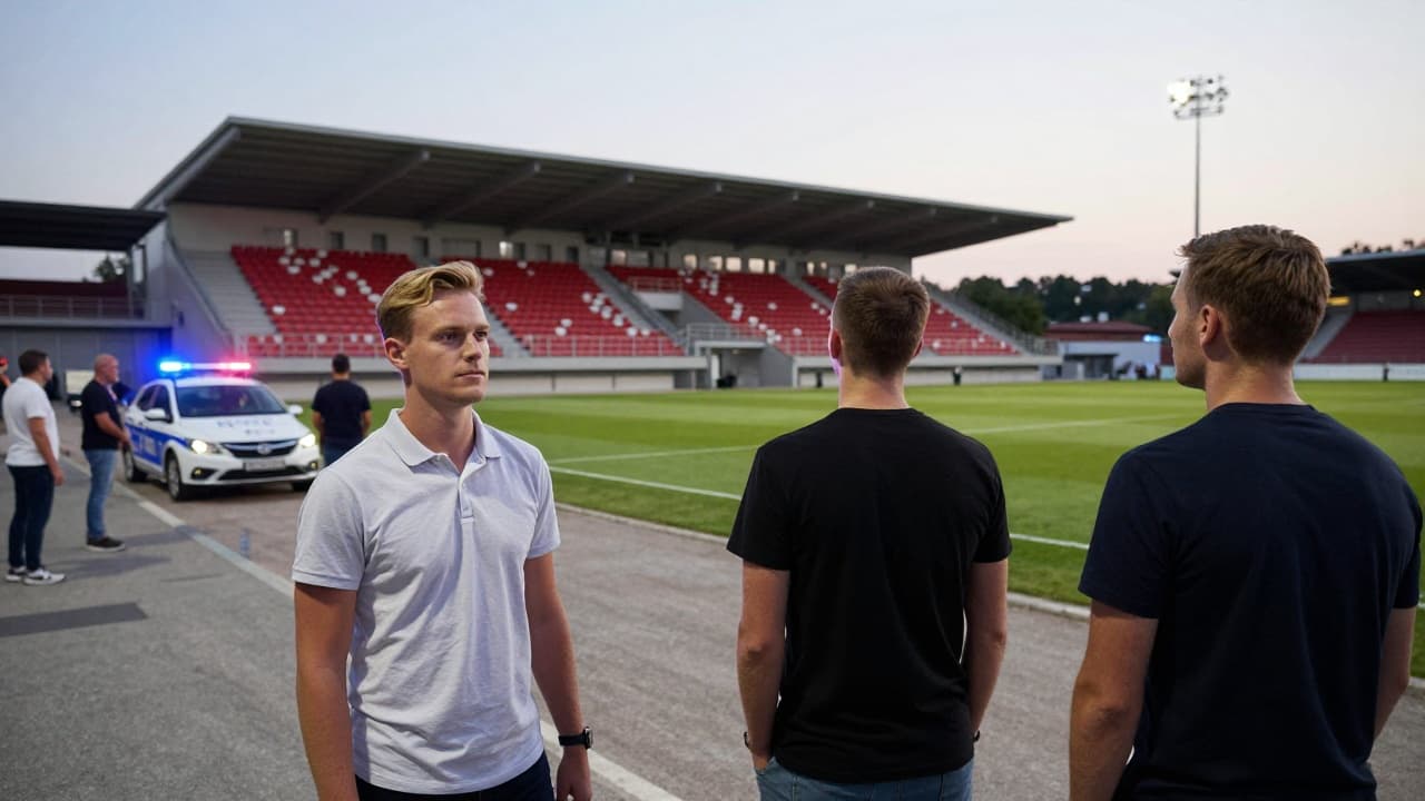 Policija ispred malog nogometnog stadiona u sumrak