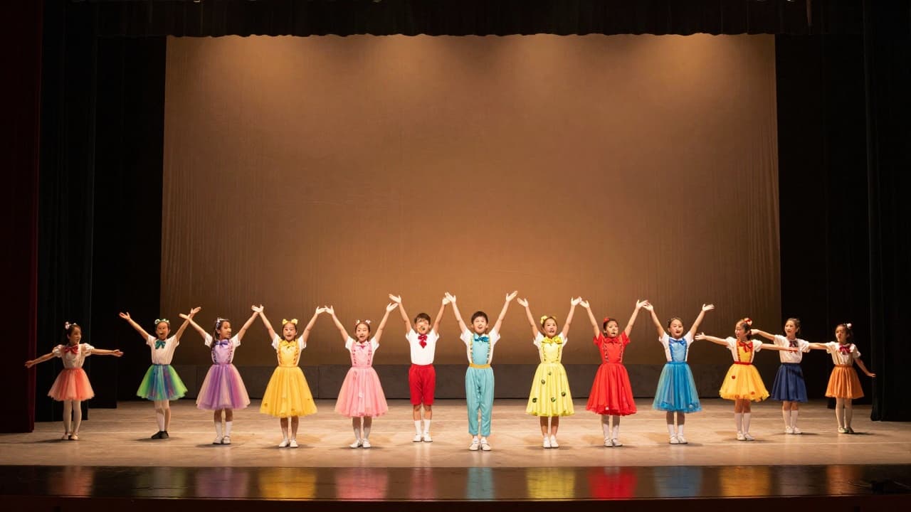 Children in colourful costumes on stage