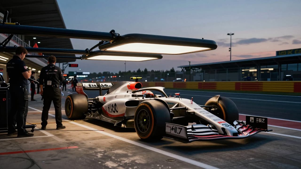 Crveno-bijeli F1 bolid u sumrak