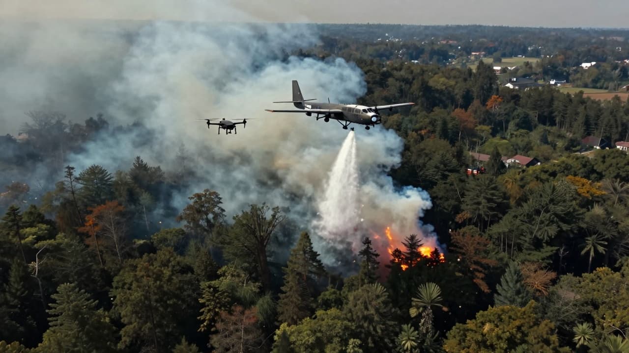 Crveni dron s bijelom oznakom na plavom pozadinskom polju