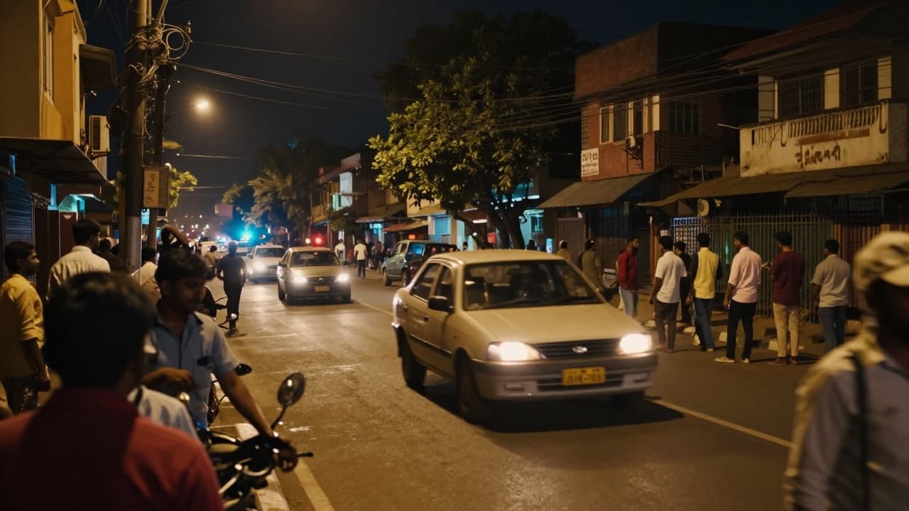 A night street in Mumbai with police in the distance