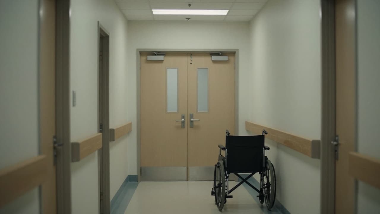 Empty hospital corridor with closed doors