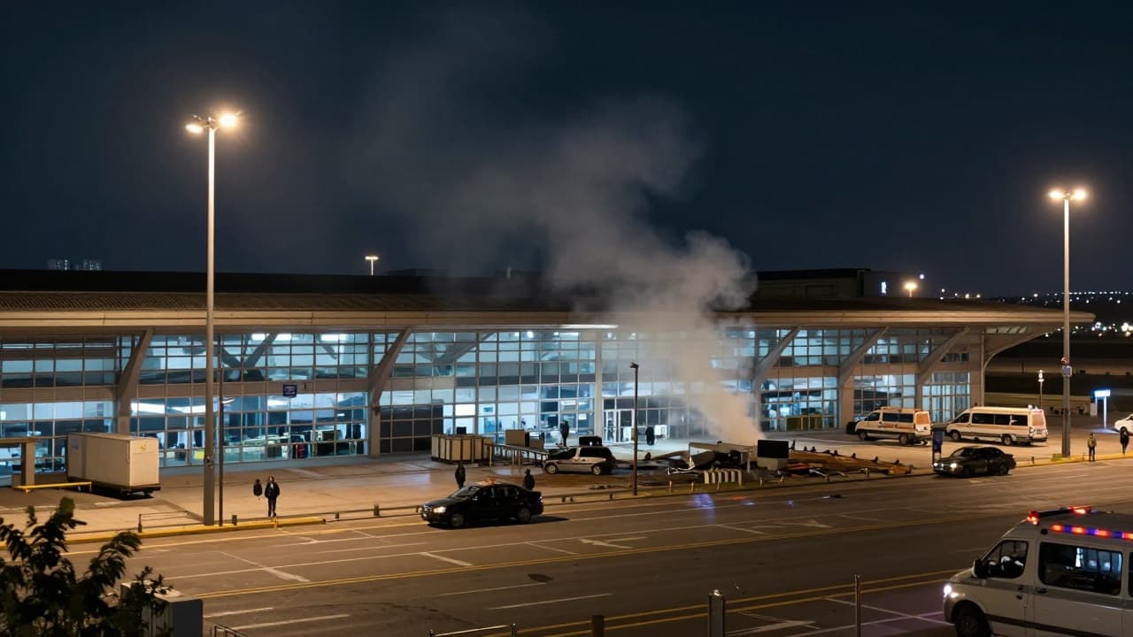 Damaged building at the airport at night