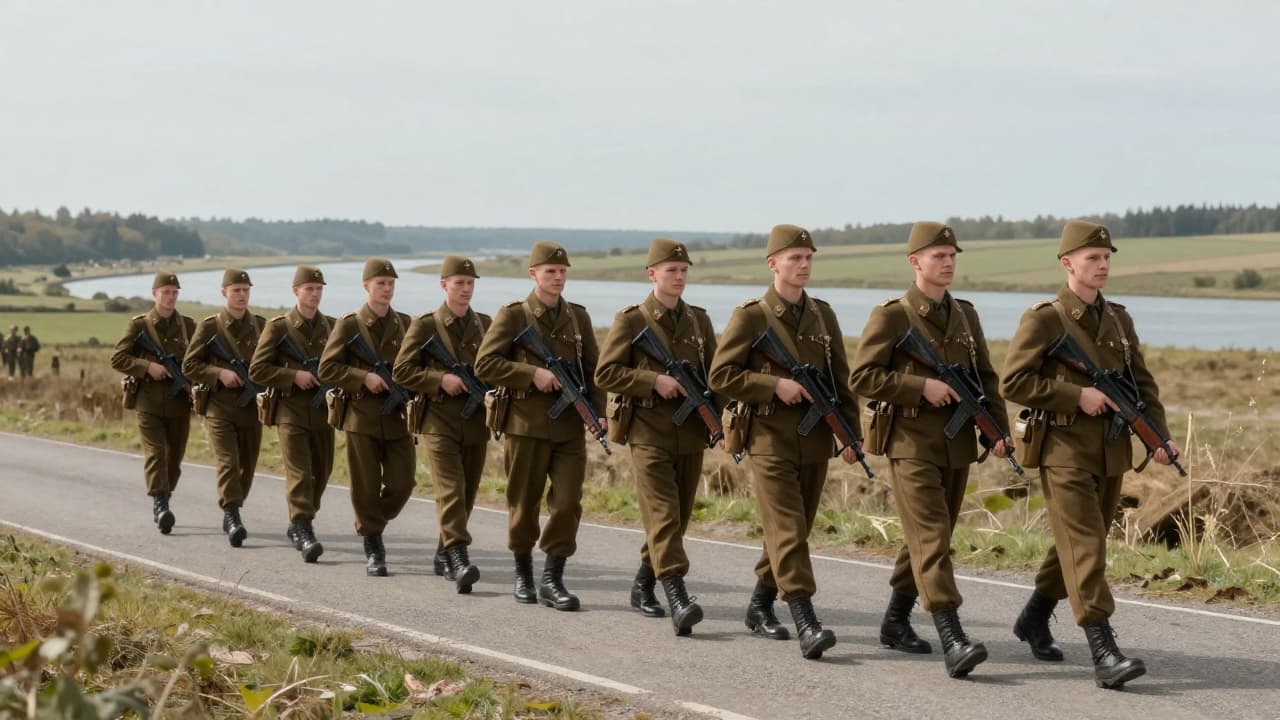 Military in motion through rural landscape