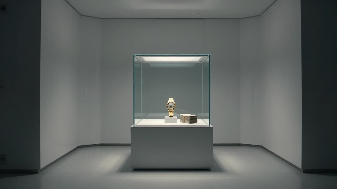 Luxury gold watch on a white pedestal