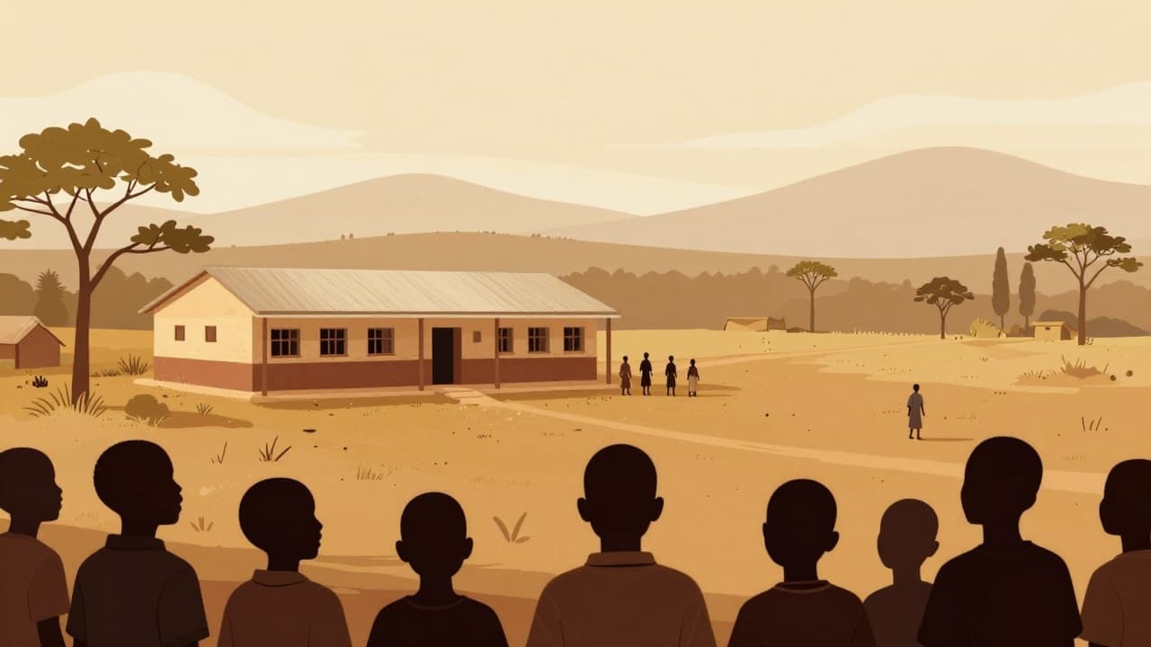 Schoolgirls sing against a warm rural landscape