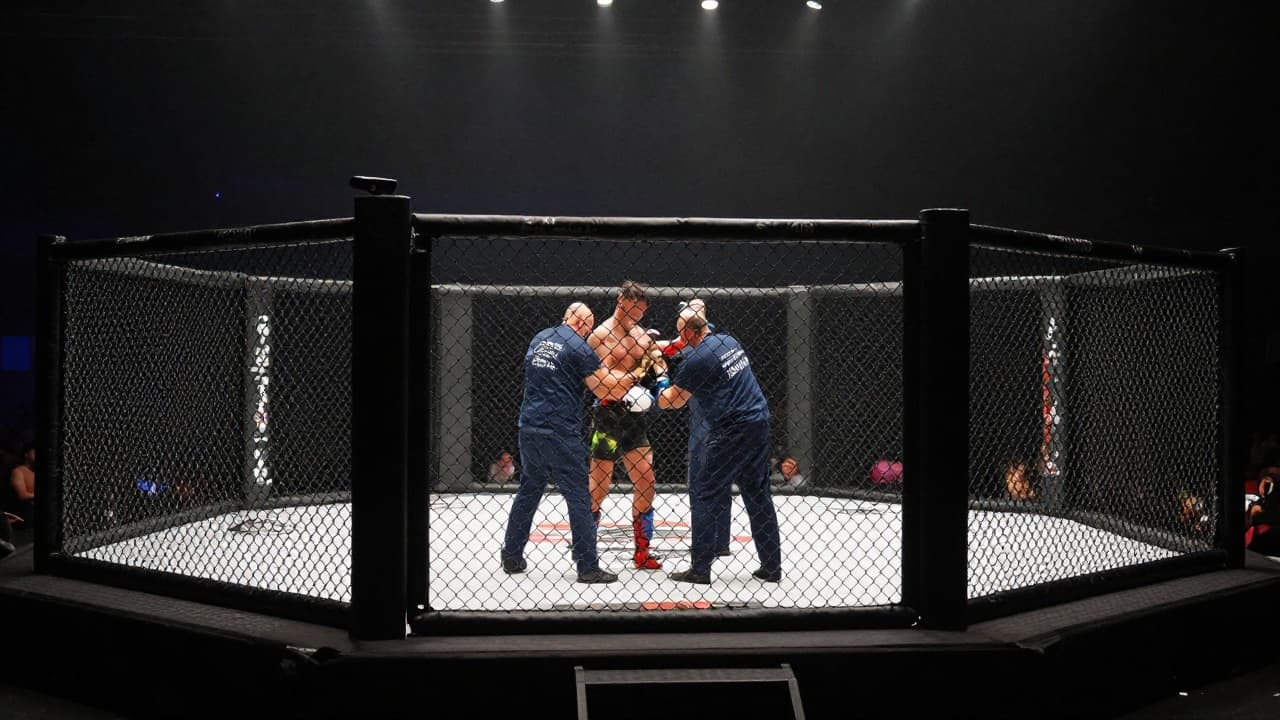 Fighter in the cage surrounded by medical staff