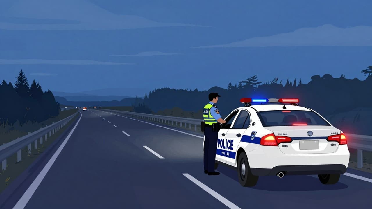 Police car stops a vehicle on the road