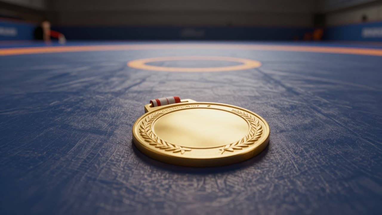 Gold medal on the wrestling mat