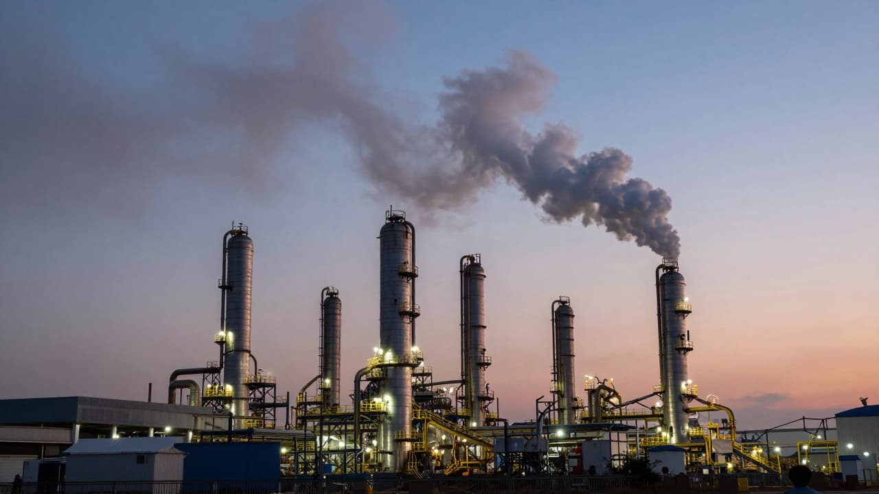 Smoke from an industrial refinery at dusk