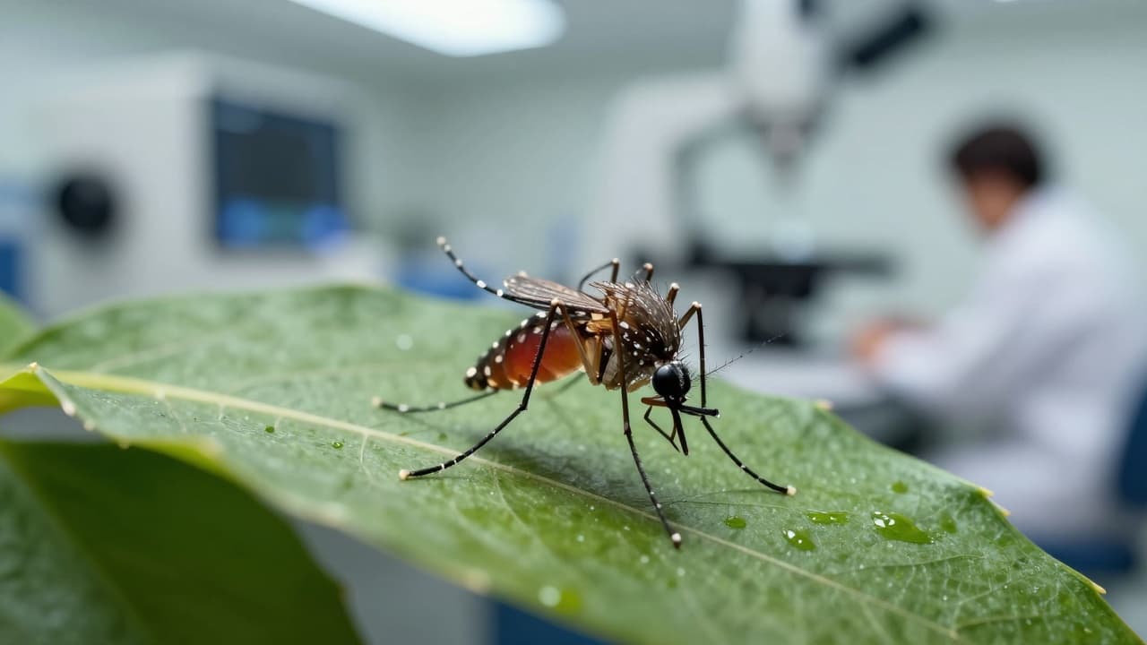 A mosquito on a leaf, with a laboratory in the background