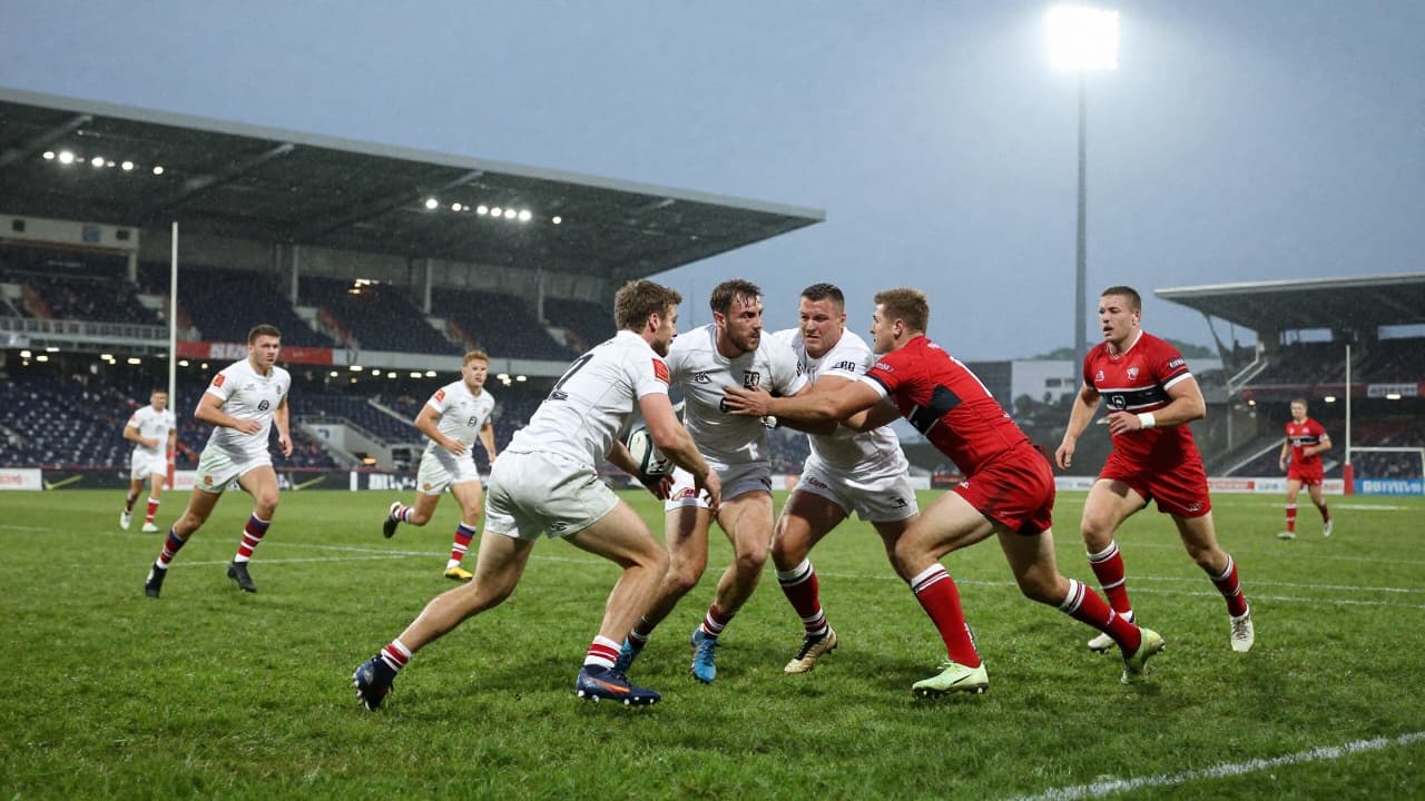 Rugby players in action under the floodlights