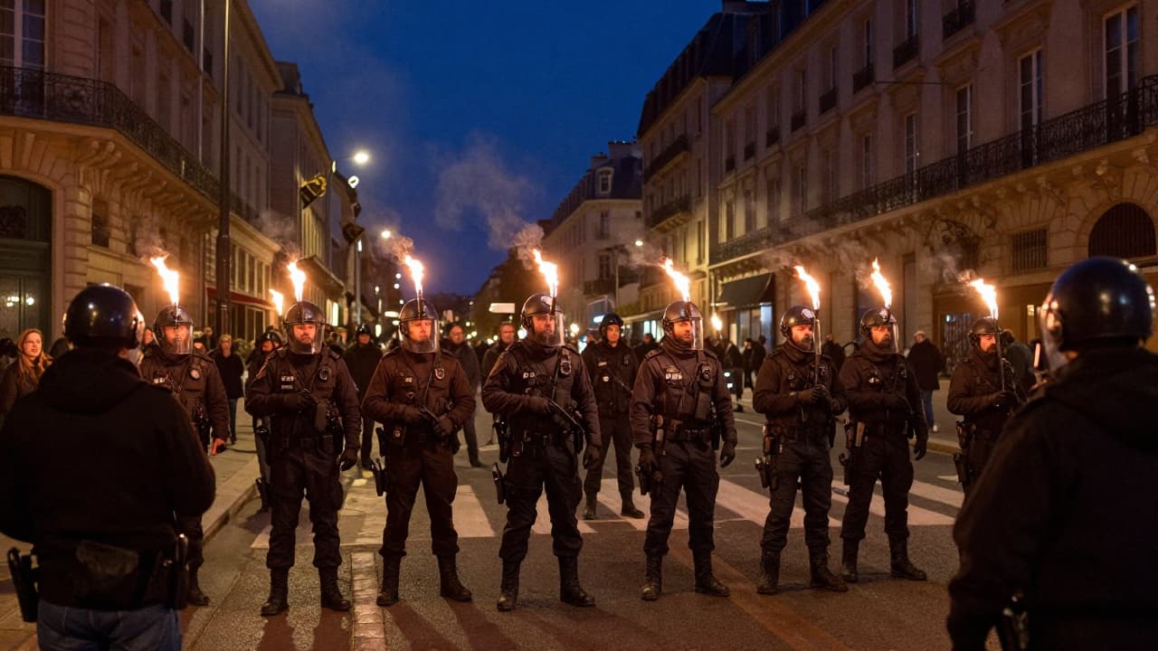 Protesters and police at a night street protest