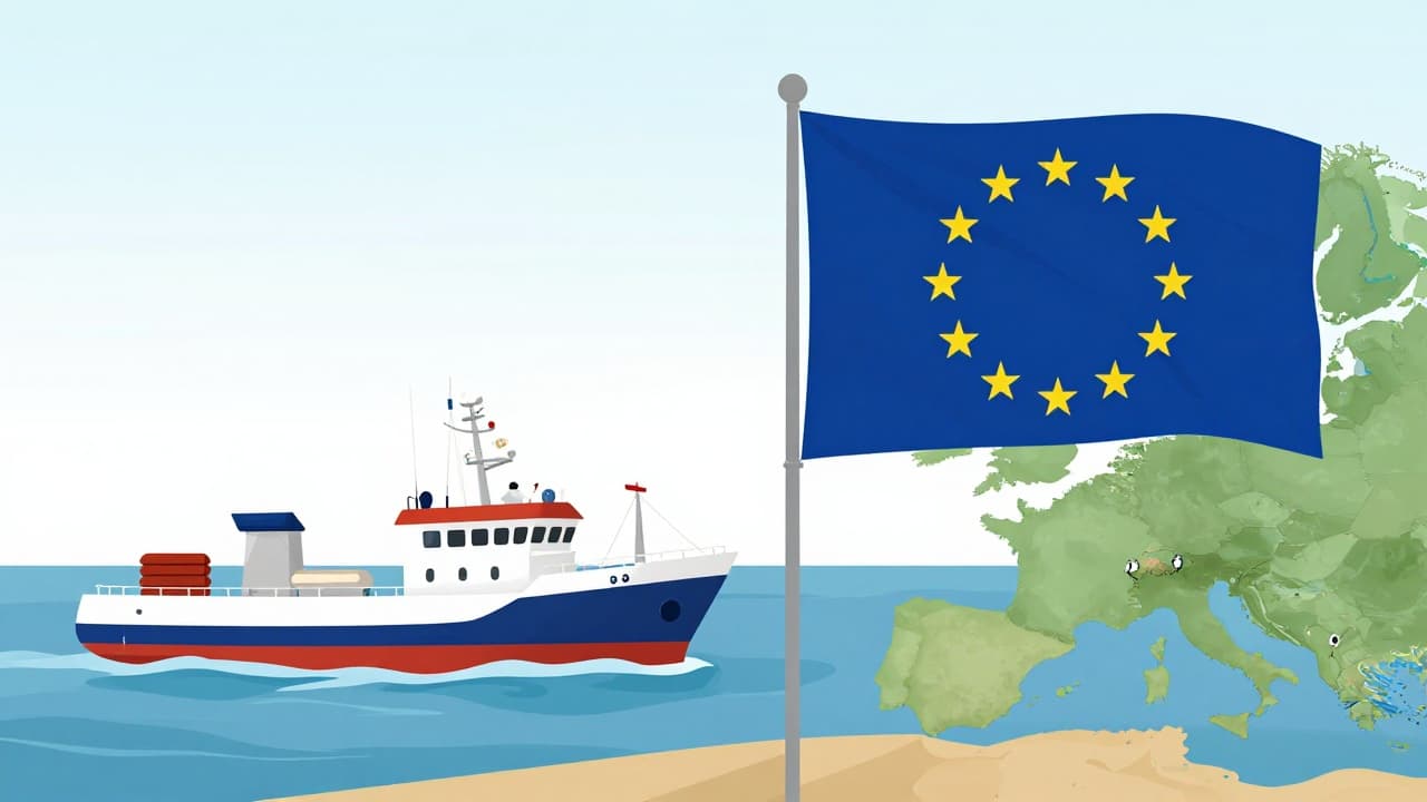 EU flag and Russian fishing vessels