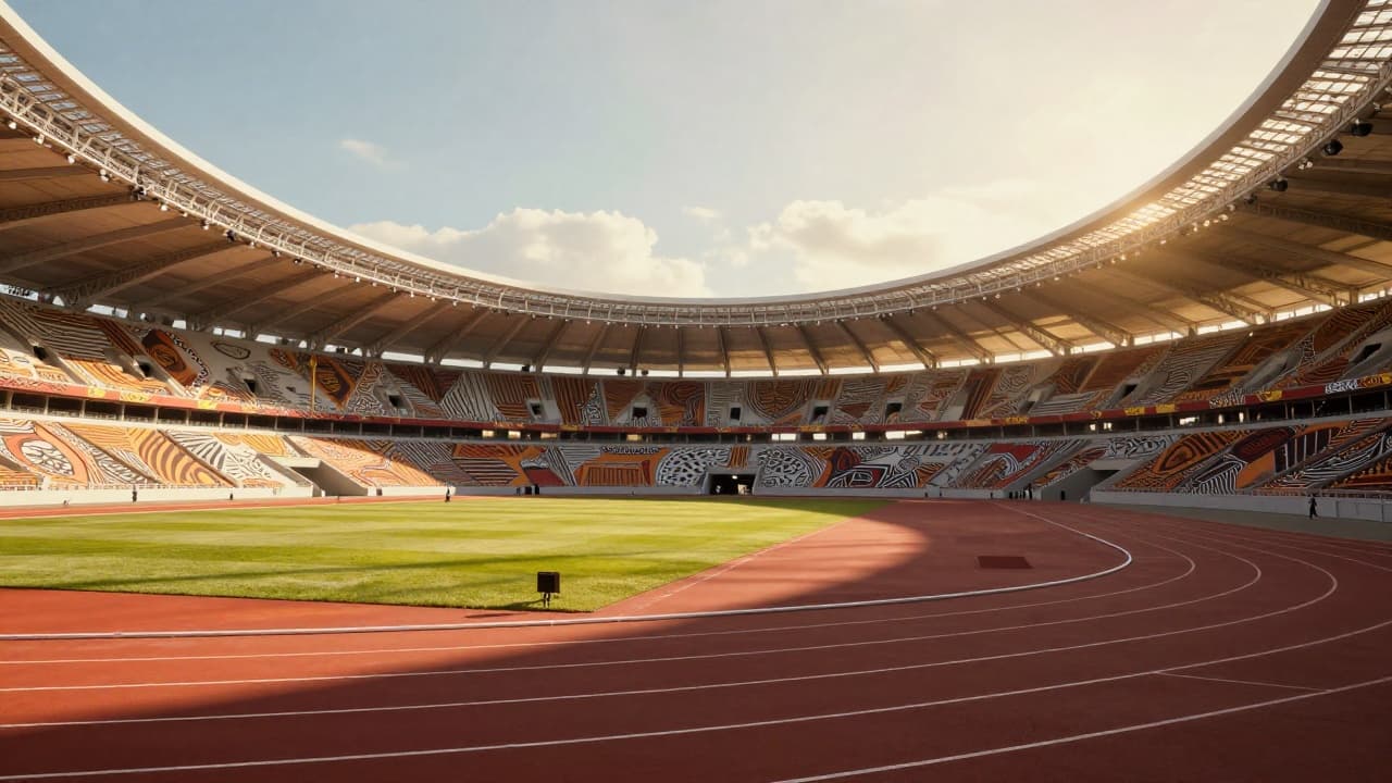 Futuristički atletski stadion na zlatnom suncu