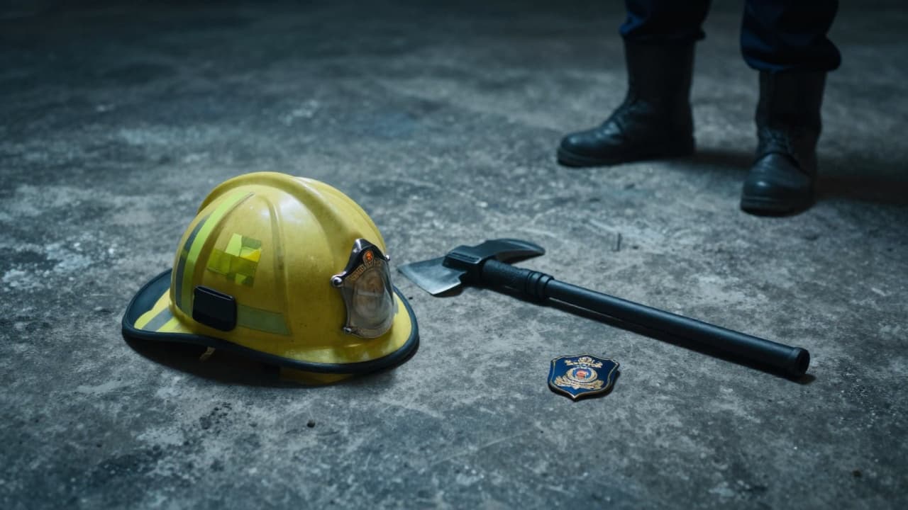 Firefighter helmet and axe opposite police baton