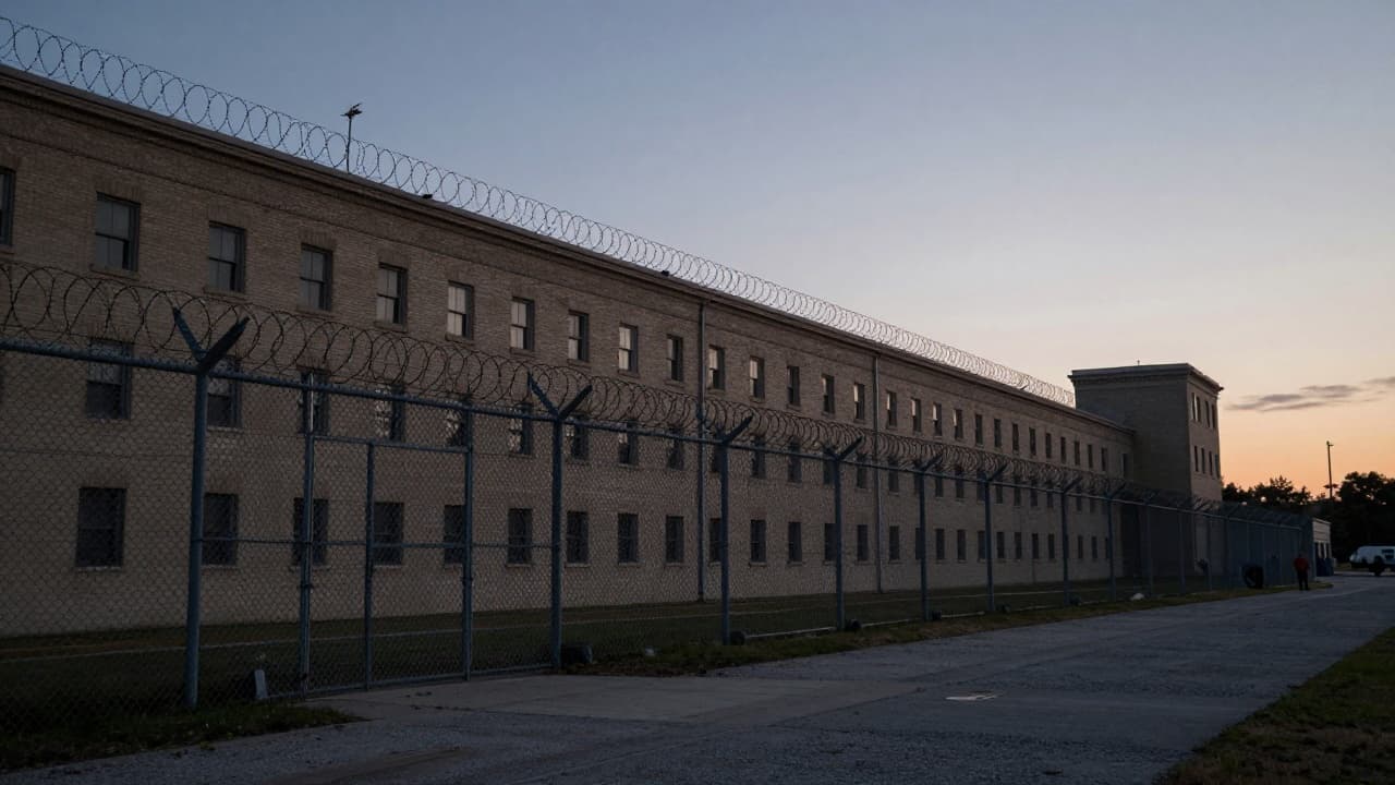 Prison window with barbed wire