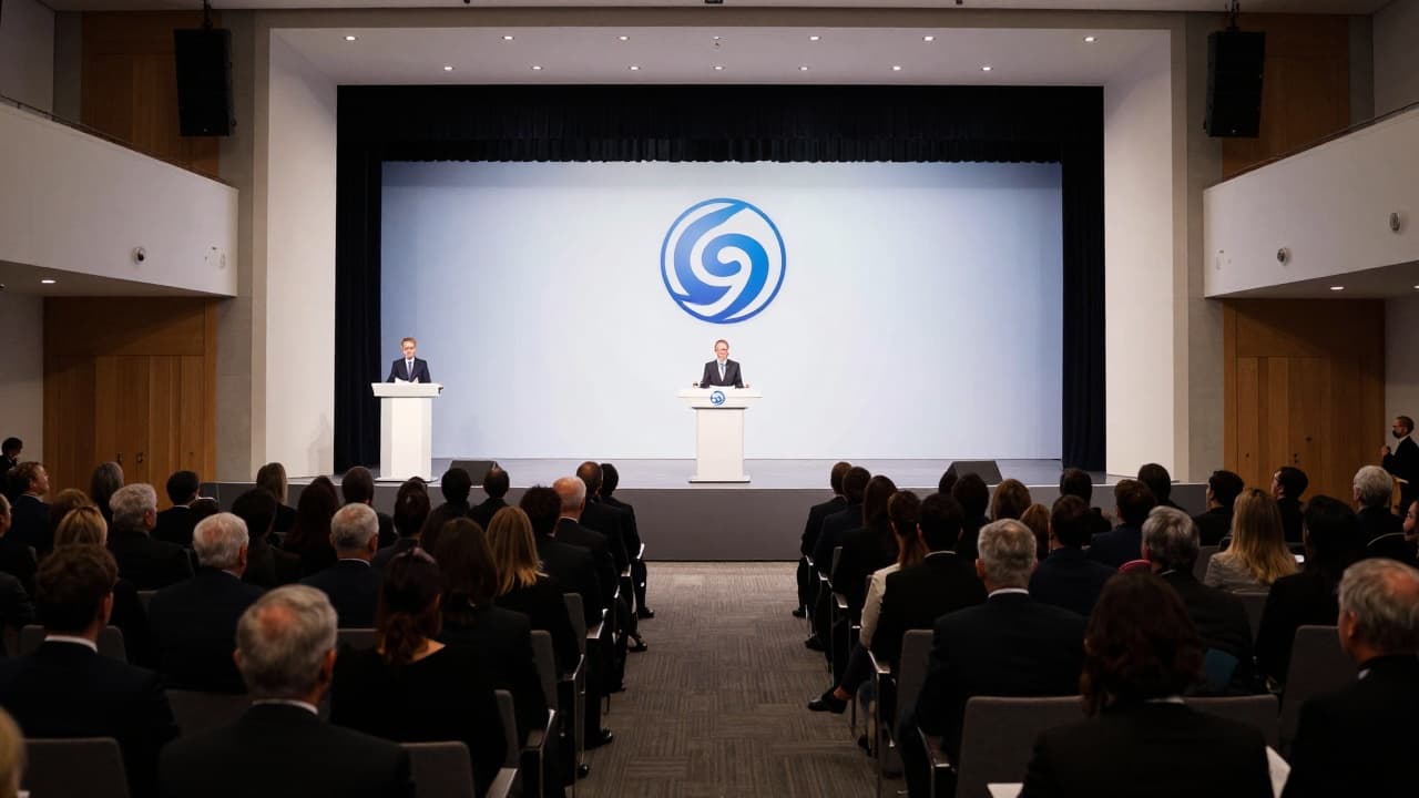 Govornica s logom stranke i okupljeni članovi